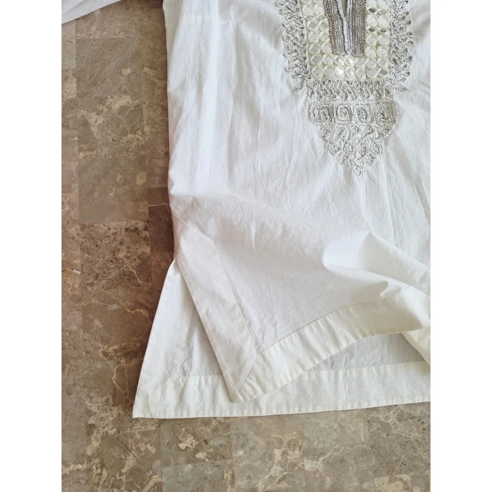 Tory Burch Ivory Cotton Mirror Embroidered Tunic Top Silver Metallic Womens 8